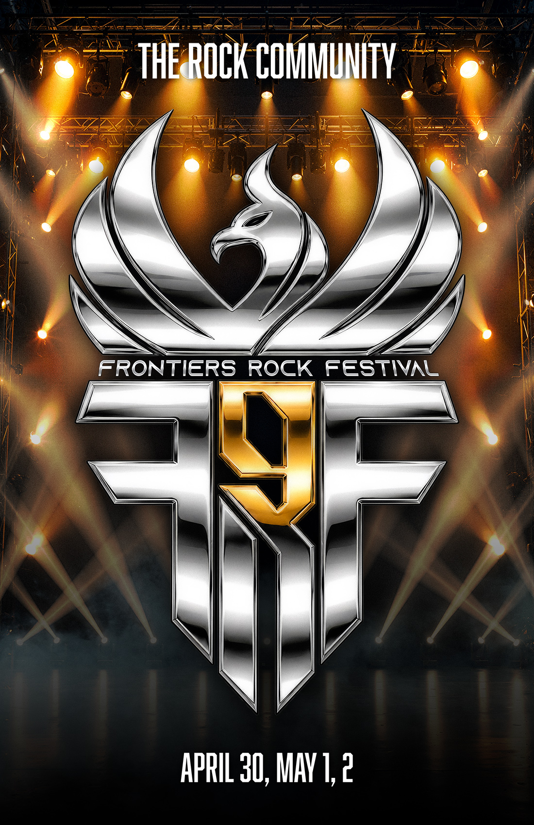 Frontiers Rock Festival 2027 — poster ufficiale del primo annuncio, THE ROCK COMMUNITY, 30 aprile, 1 e 2 maggio 2027