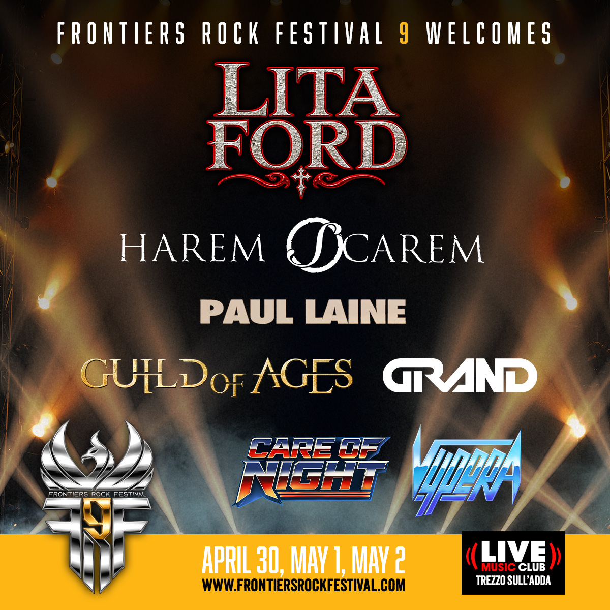 Frontiers Rock Festival 2027 — manifesto ufficiale del Second Announcement, 30 aprile, 1 e 2 maggio 2027, Live Music Club — Trezzo sull’Adda